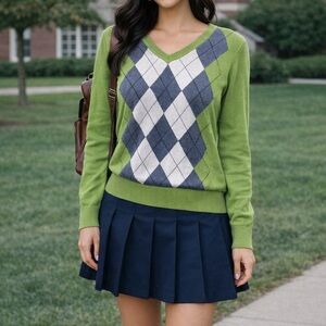 ✨ St. John’s Bay Green Argyle V-Neck Sweater | Preppy Collegiate Classic ✨